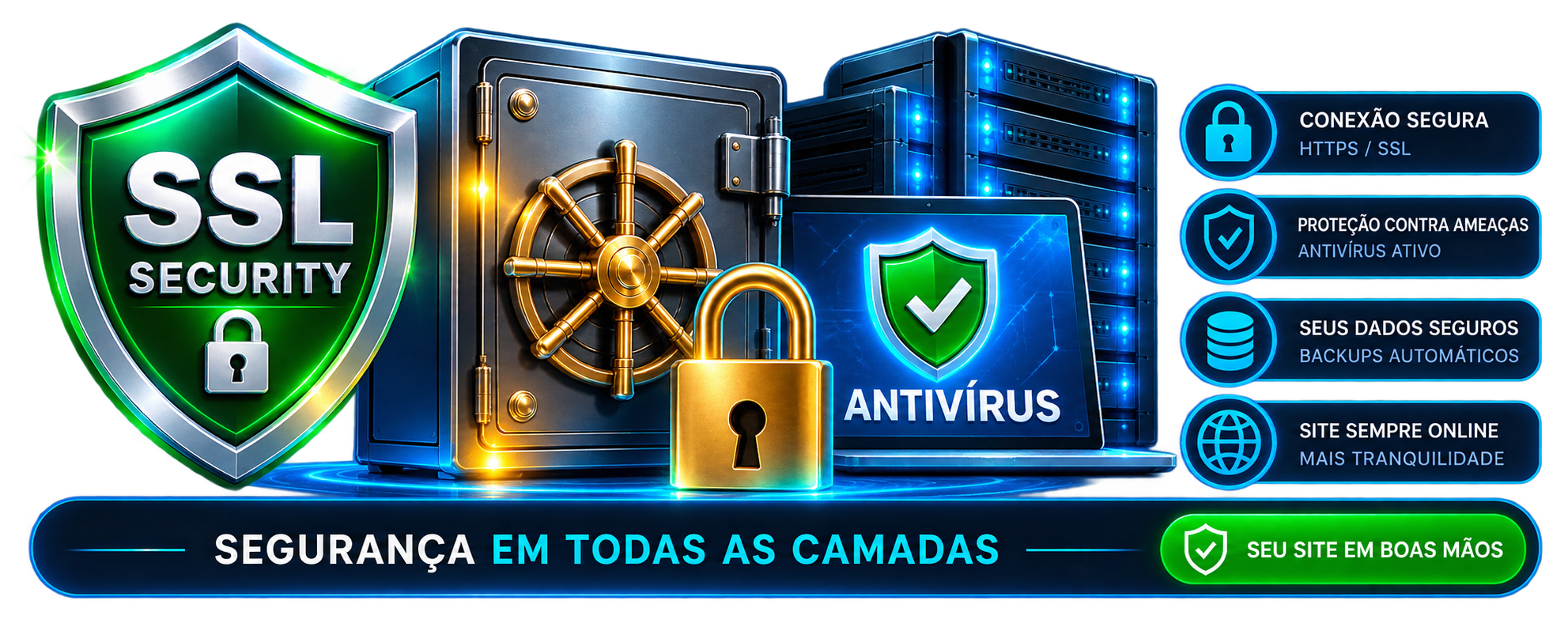 SSL, antivírus, cofre e proteção em camadas